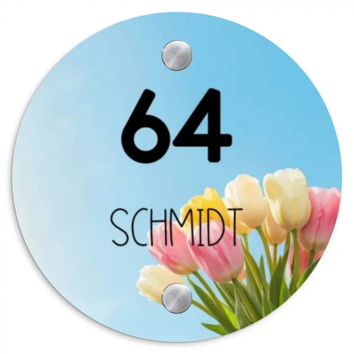 Gekleurde tulpen lucht - Modern Naambord Rond klein -3d