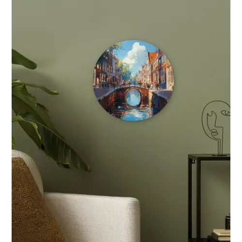 Stad - Gracht - Zon - Fietsen Wandcirkel kunststof plaat 5mm dik klein -sfeer3