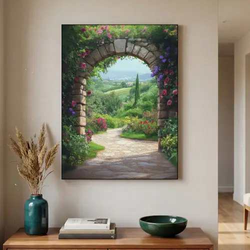 Doorkijk - Landschap - Bloemen - Pad - Uitzicht Textielframe zwart klein -sfeer1