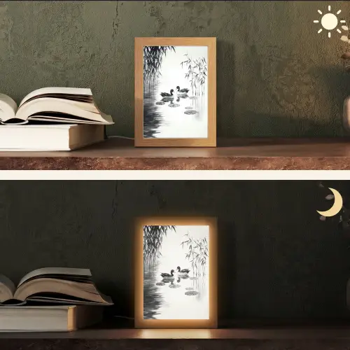 Eenden - Waterlelies - Riet - Zwart Light Box met kabel (Tafellamp) klein -sfeer3