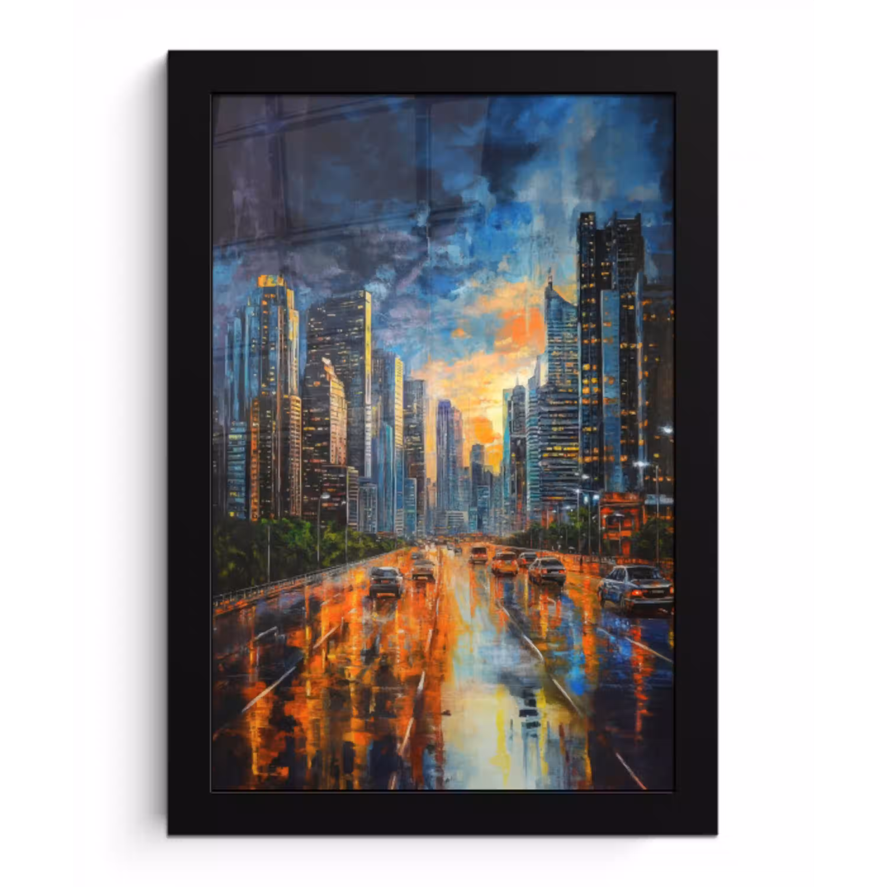 Auto - Skyline - Zon - Blauw fotolijst zwart zonder passe partout klein -3d