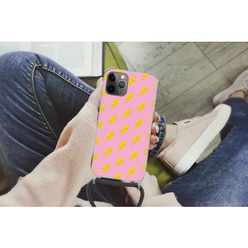 Bliksemschichten - Patroon - Geel - Roze Hoesje iPhone 12 Pro met koord klein -hand