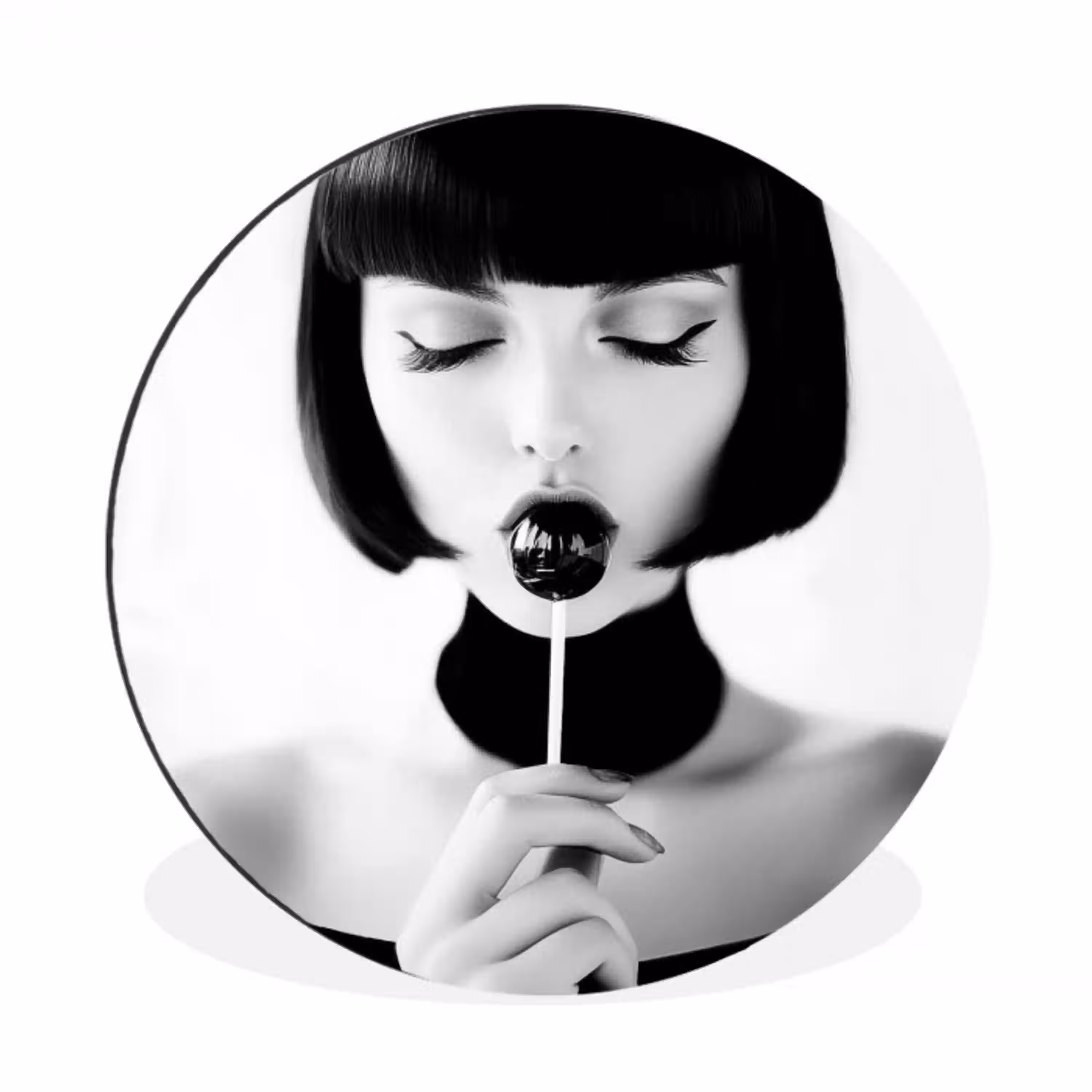 Vrouw - Lolly - Zwart - Wit Wandcirkel aluminium klein -3d