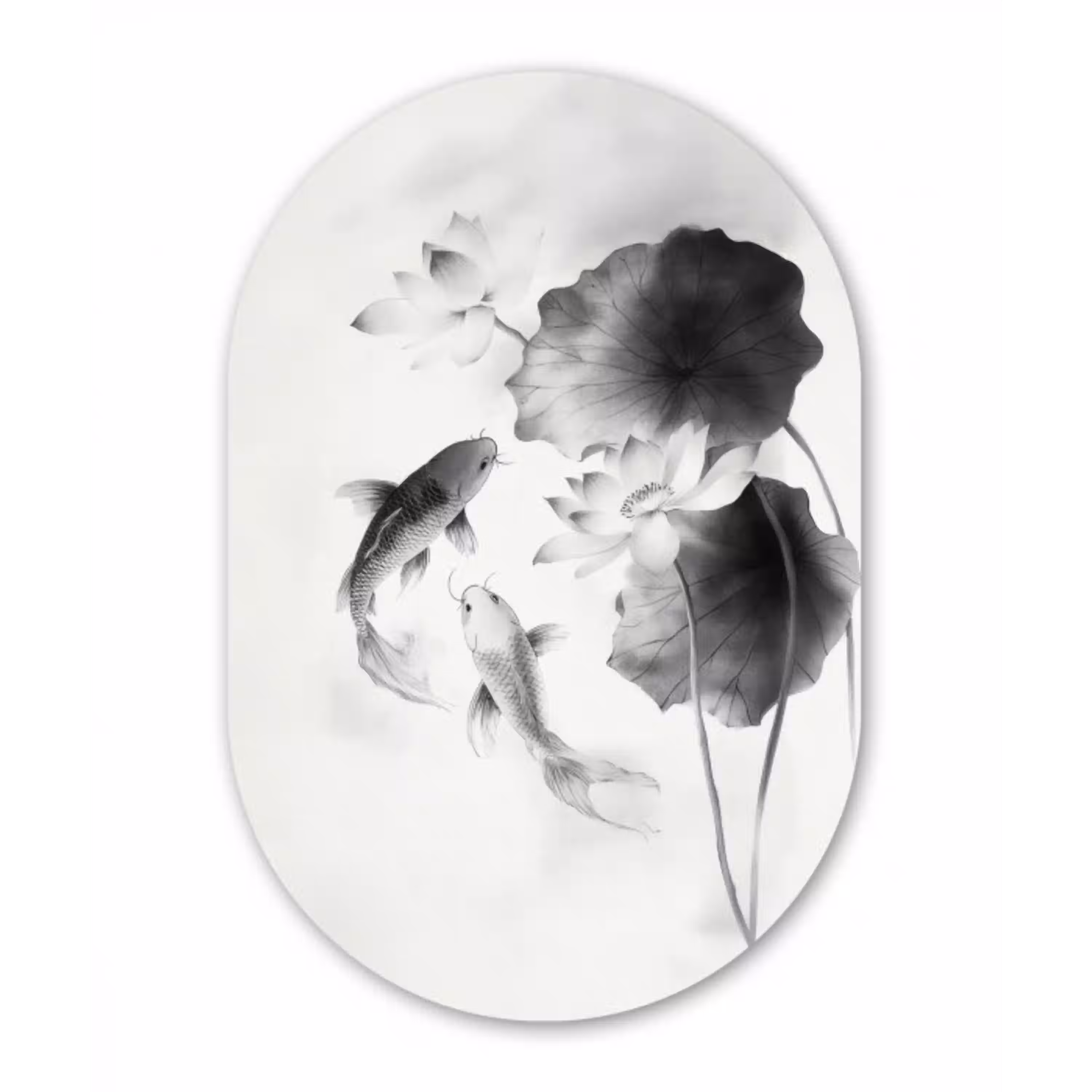 Lotusbloemen - Vissen - Bladeren - Zwart Wandcirkel Ovaal Glas middel -3d