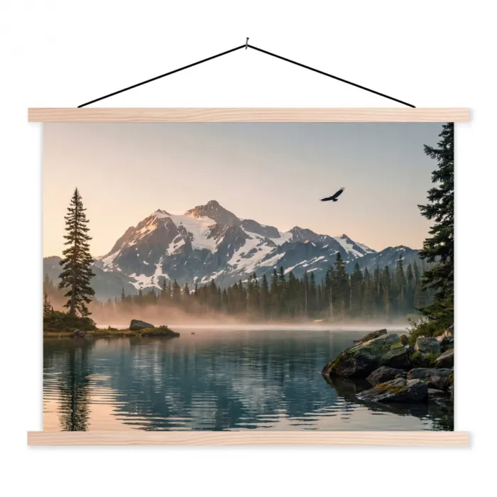 Bergen - Water - Bomen textielposter latten blank klein -3d