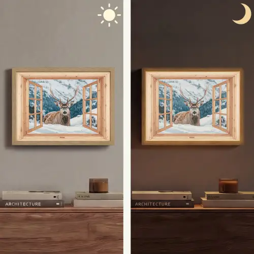 Doorkijk - Hert - Landschap - Winter - Natuur - Dieren - Bergen Light Box met batterij (Wandlamp) middel -sfeer3