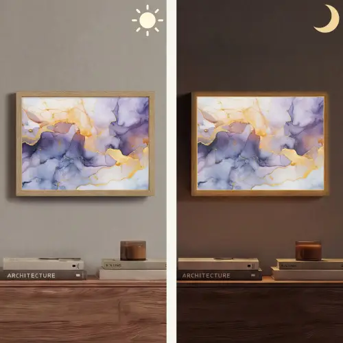 Marmer - Paars - Lila - Goud - Abstract Light Box met batterij (Wandlamp) middel -sfeer3