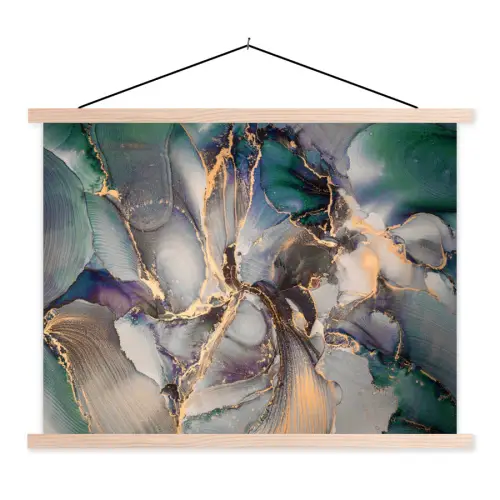 Goud - Blauw - Marmer textielposter latten blank klein -3d