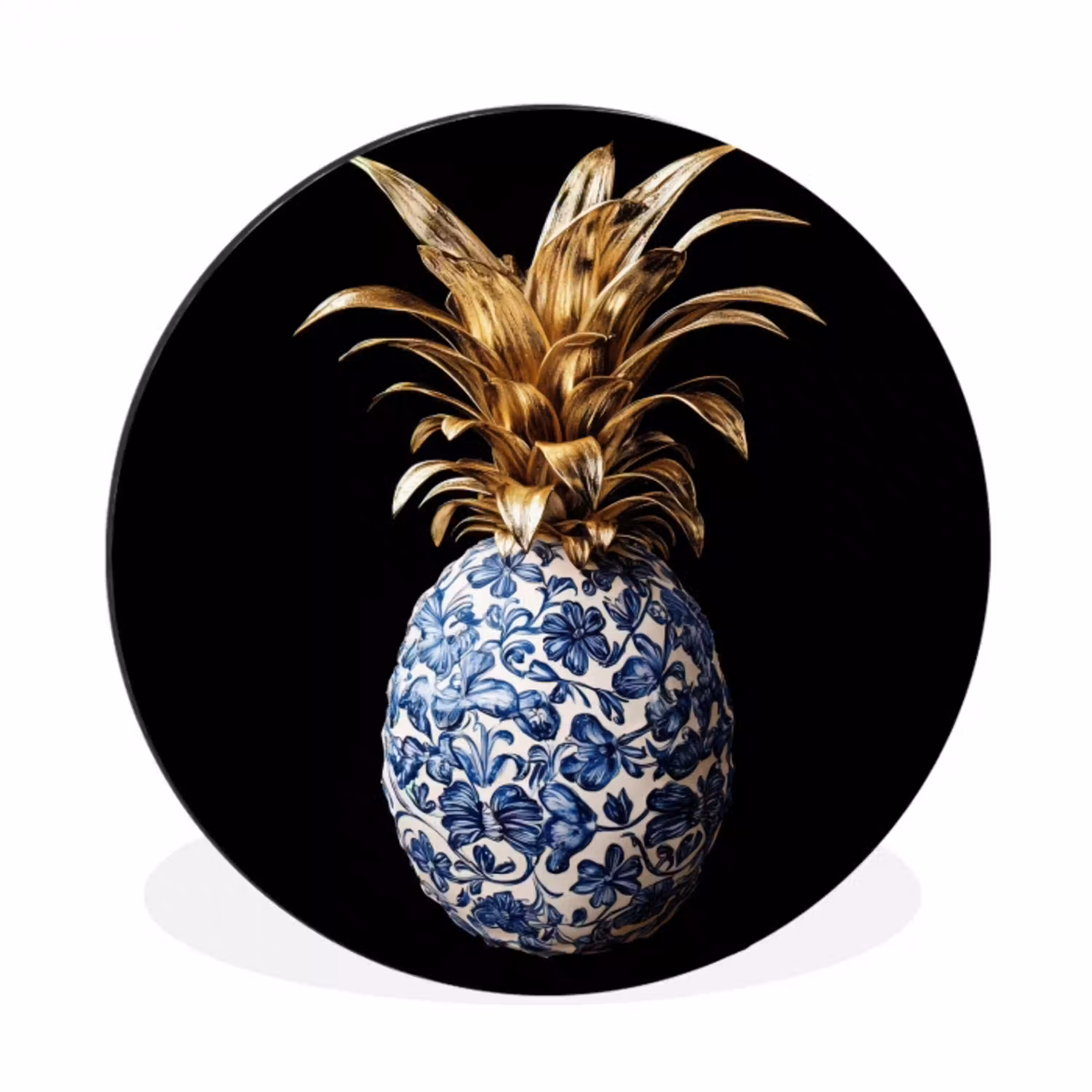 Ananas - Bloemen patroon - Goud - Delftsblauw Wandcirkel aluminium klein -3d