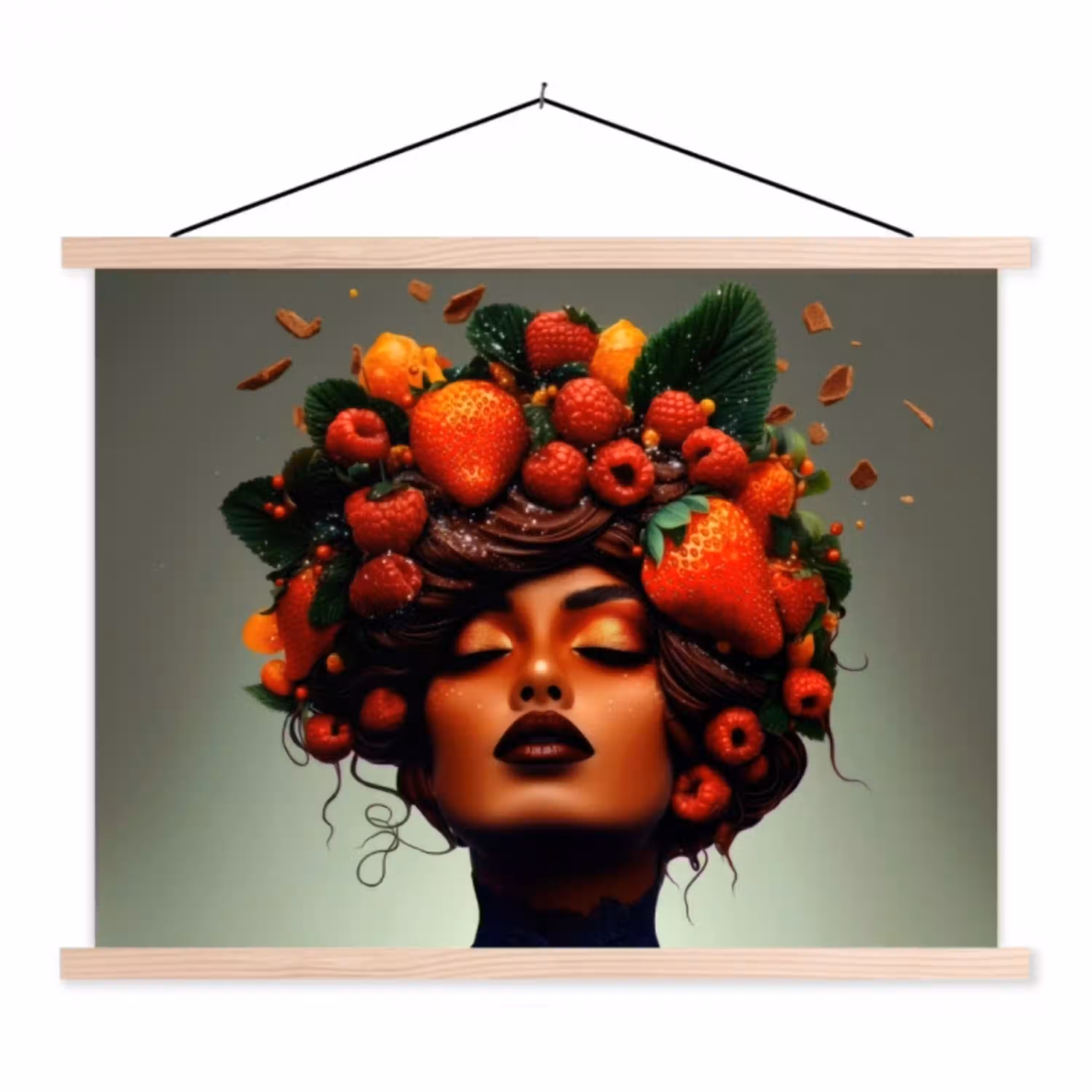 Vrouw - Chocolade - Frambozen - Aardbeien - Koekjes textielposter latten blank klein -3d