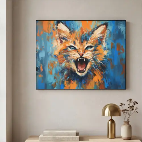 Kat - Kleurrijk - Oranje - Blauw Textielframe zwart klein -sfeer2