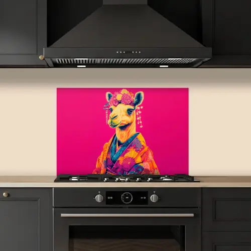 Kameel - Bloemen - Kimono - Waaiers keuken achterwand spatscherm klein -sfeer1