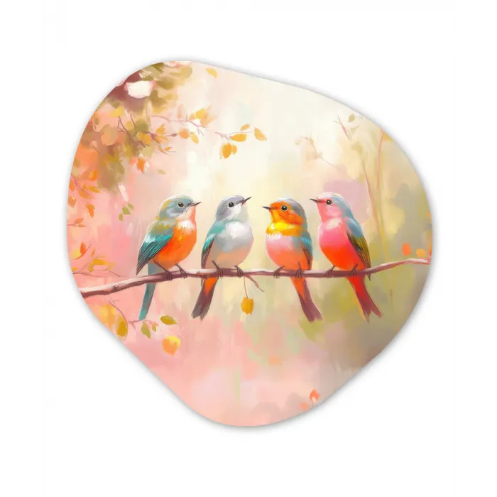 Vogels - Kleurrijk - Tak Wandcirkel Organisch Aluminium middel -3d