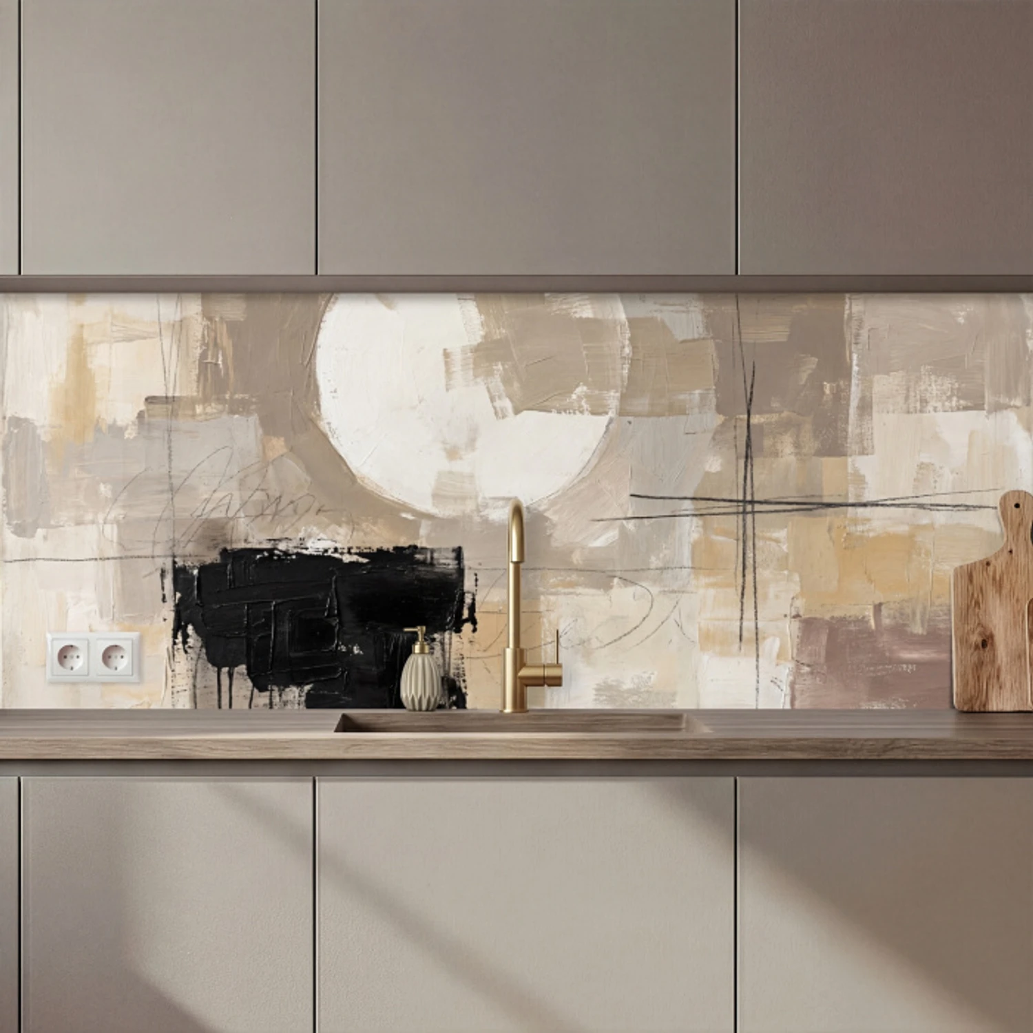 Abstract - Cirkel - Modern - Beige - Zwart - Minimalistisch keuken achterwand 2 middel zz_3dshopping
