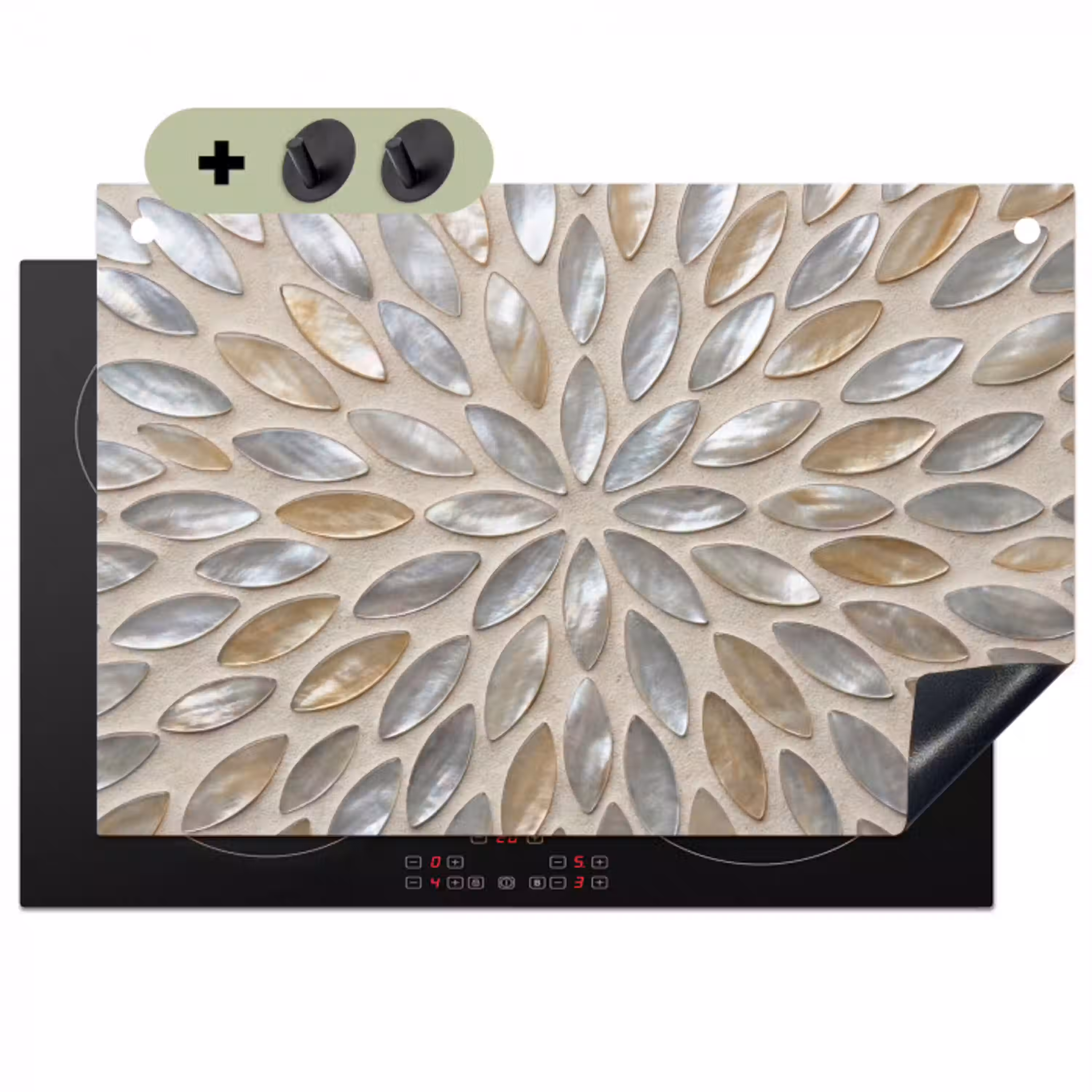 Patroon - Ovaal - Glanzend - Abstract - Beige Inductie beschemer met haakjes klein -3d