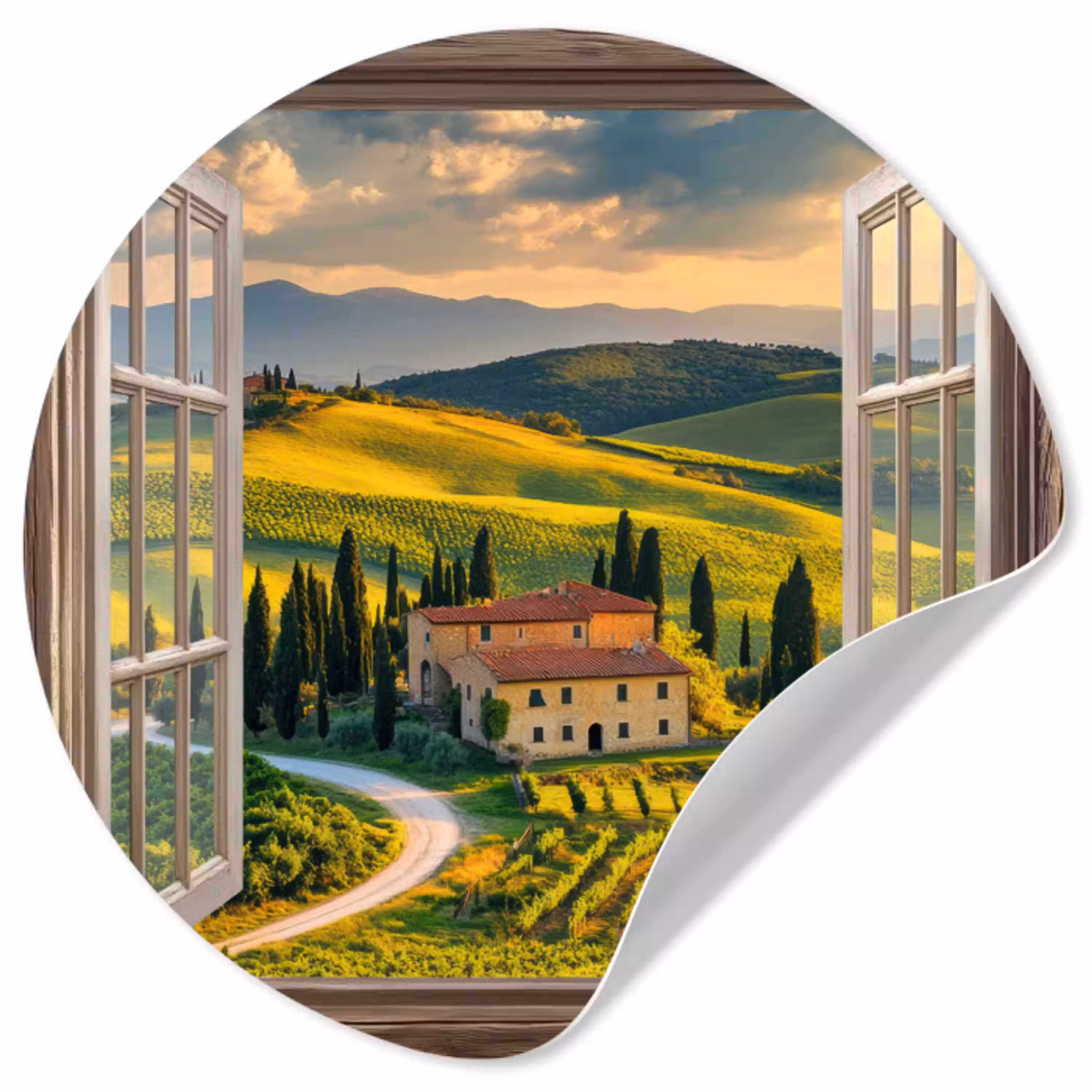 Doorkijk - Toscane - Uitzicht - Landschap - Zomer Wandcirkel behangsticker klein -3d