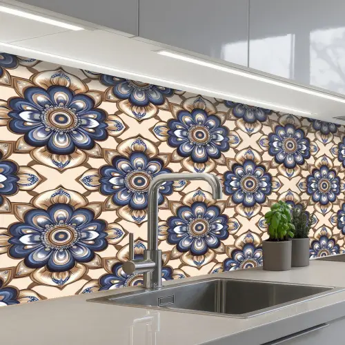 Floraal - Ornament - Blauw keuken achterwand 2 middel 871 -3d_schuin
