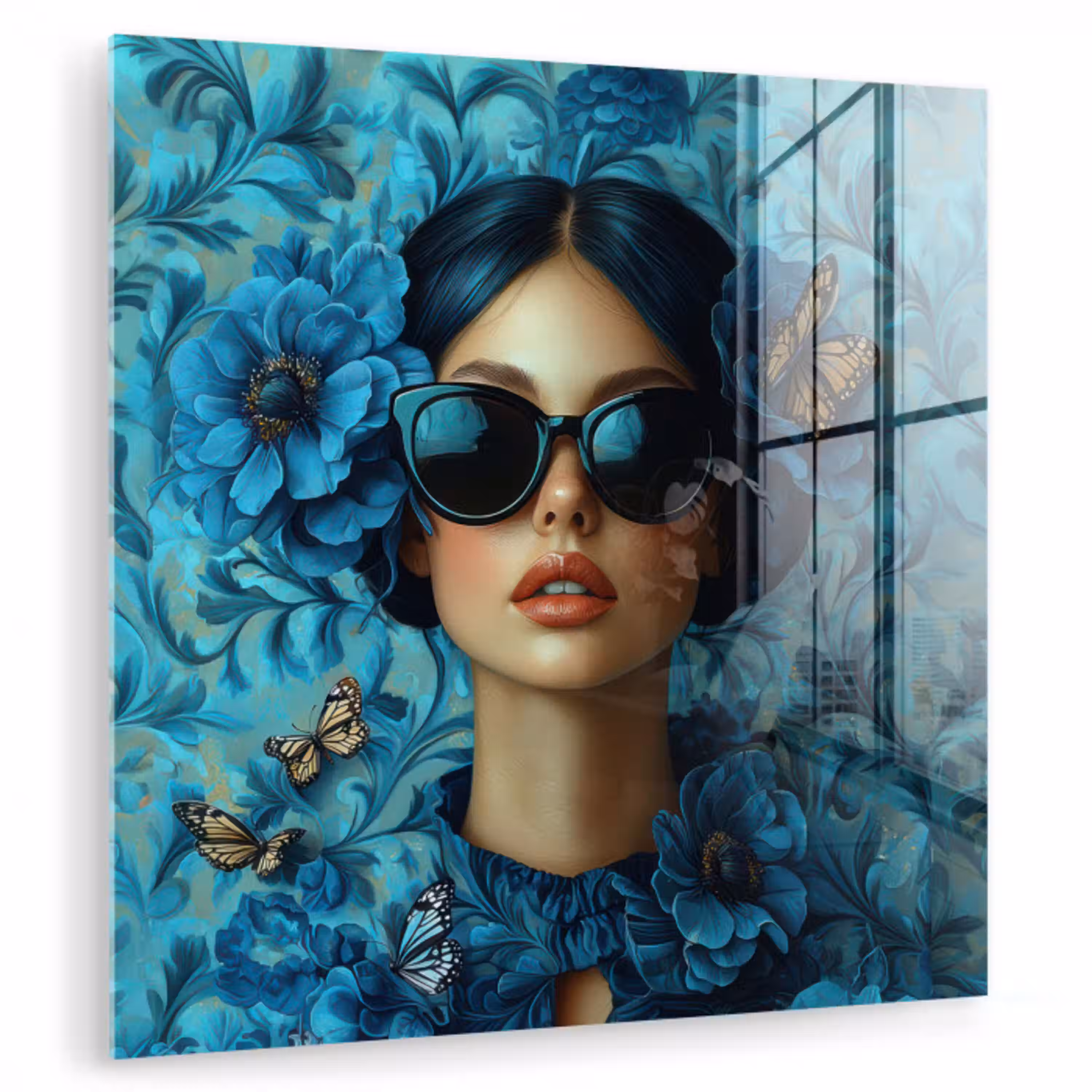 Vrouw - Bloemen - Vlinders - Blauw - Abstract plexiglas 5mm klein -zzzproduct_nieuw