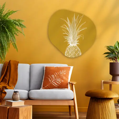 Lijnillustratie - Ananas - Bladkroon - Okergeel Wandcirkel Organisch Plexiglas middel -sfeer4