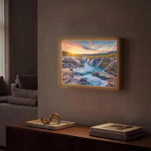 Waterval - Planten - Mos - Landschap - Zonsondergang - Rots Light Box met batterij (Wandlamp) middel -sfeer1