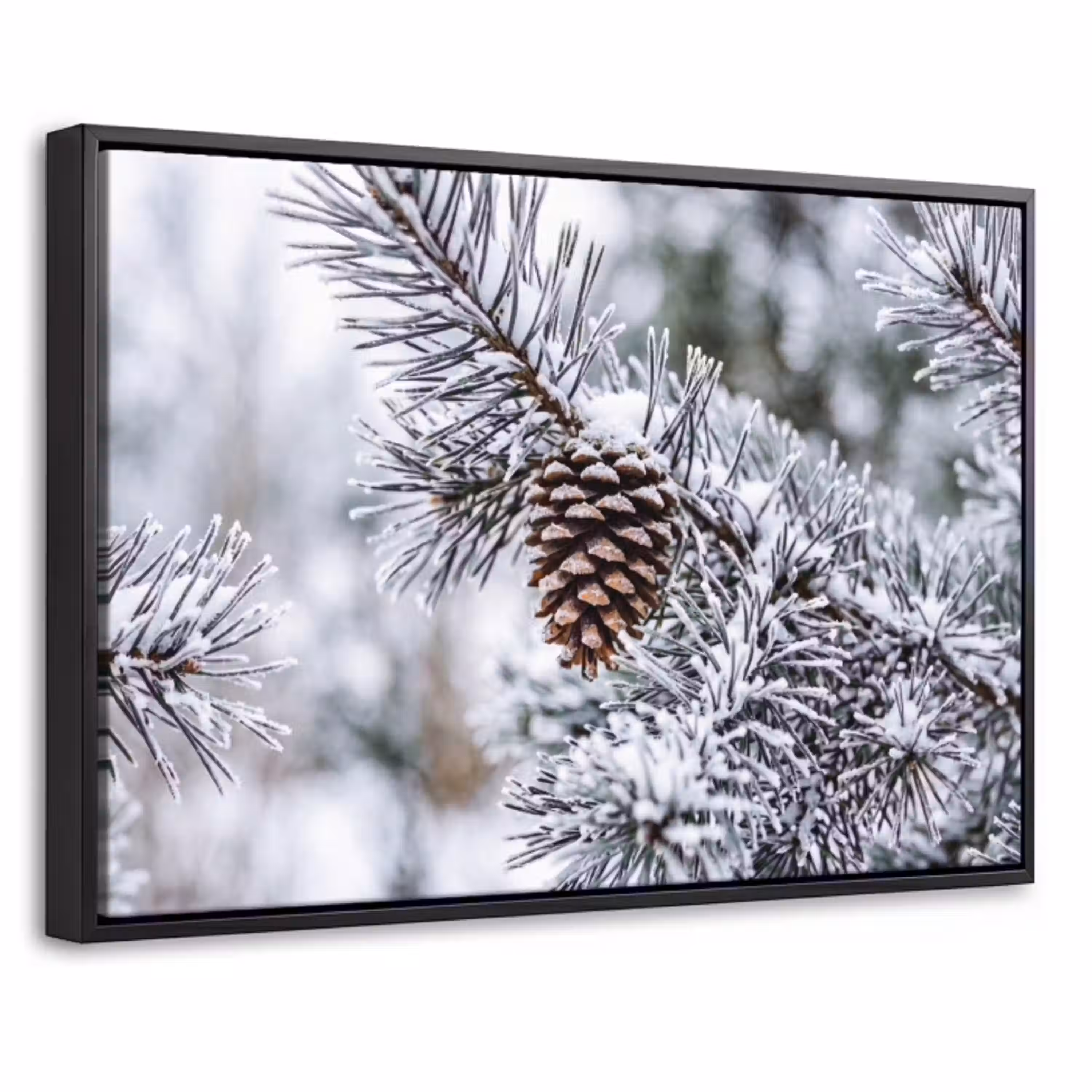 Dennenappel - Tak - Sneeuw - Winter - Sfeervol Canvas met baklijst klein -threedimensional_3d_global