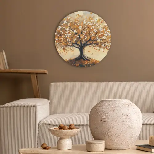 Herfst - Boom - Oranje - Bladeren - Levensboom - Abstract Akoestische PET Vilt - Rond klein -sfeer1