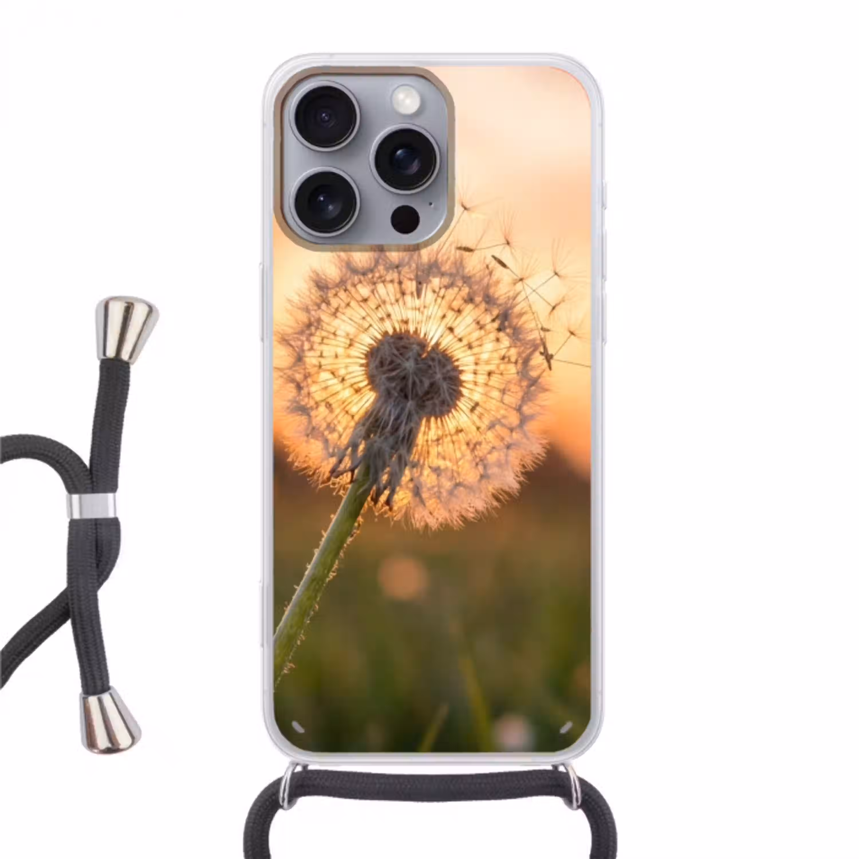 Paardenbloem - Zonsondergang - Veld Hoesje iPhone 16 Pro Max met koord klein -3d