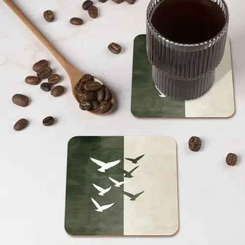 Japandi - Vogel - Groen onderzetter kurk middel -sfeer2