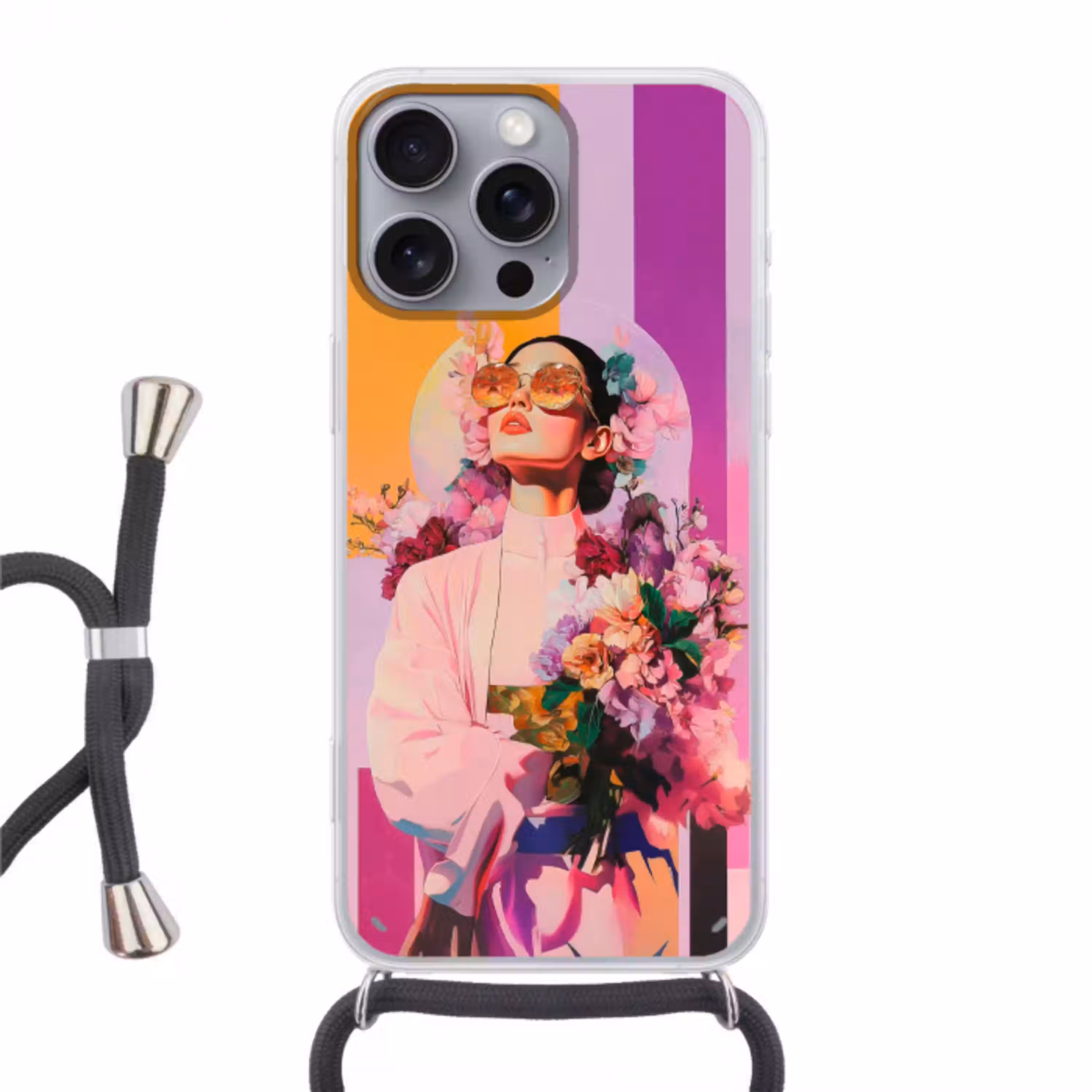 Portret - Vrouw - Abstract - Bloemen Hoesje iPhone 16 Pro Max met koord klein -3d