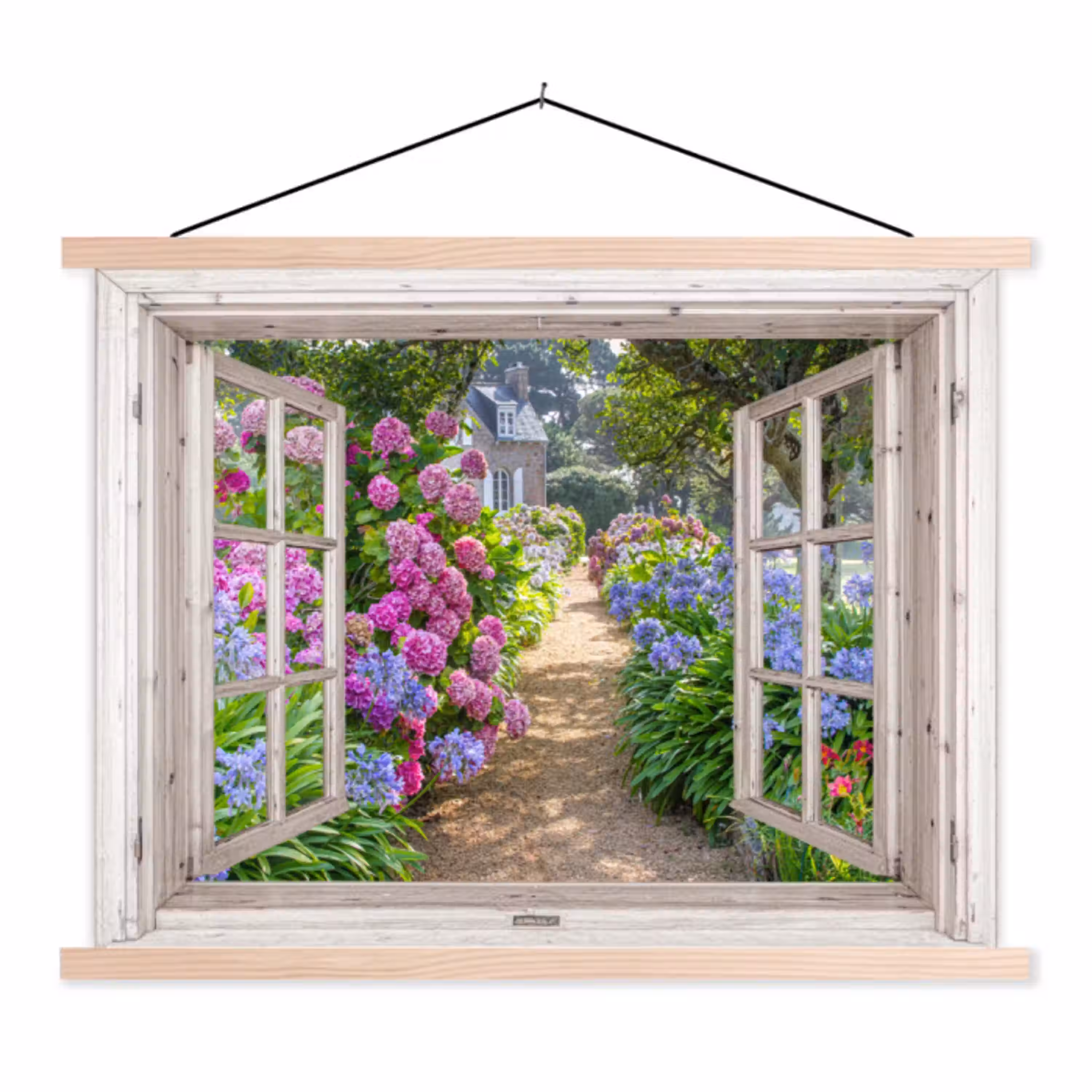 Hortensia - Doorkijk - Bloemen - Zomer - Paars - Pad textielposter latten blank klein -3d