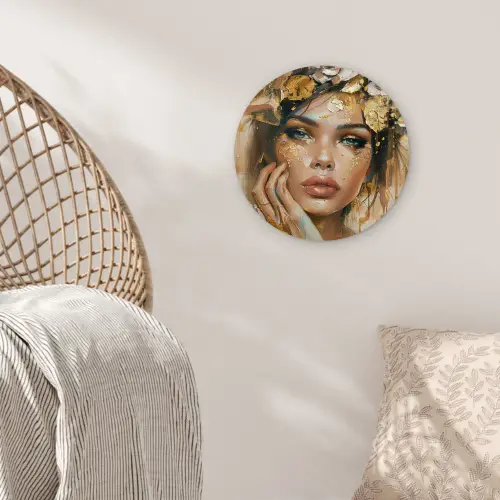 Vrouw - Bloemen  - Goud - Portret Wandcirkel kunststof plaat 5mm dik klein -sfeer5