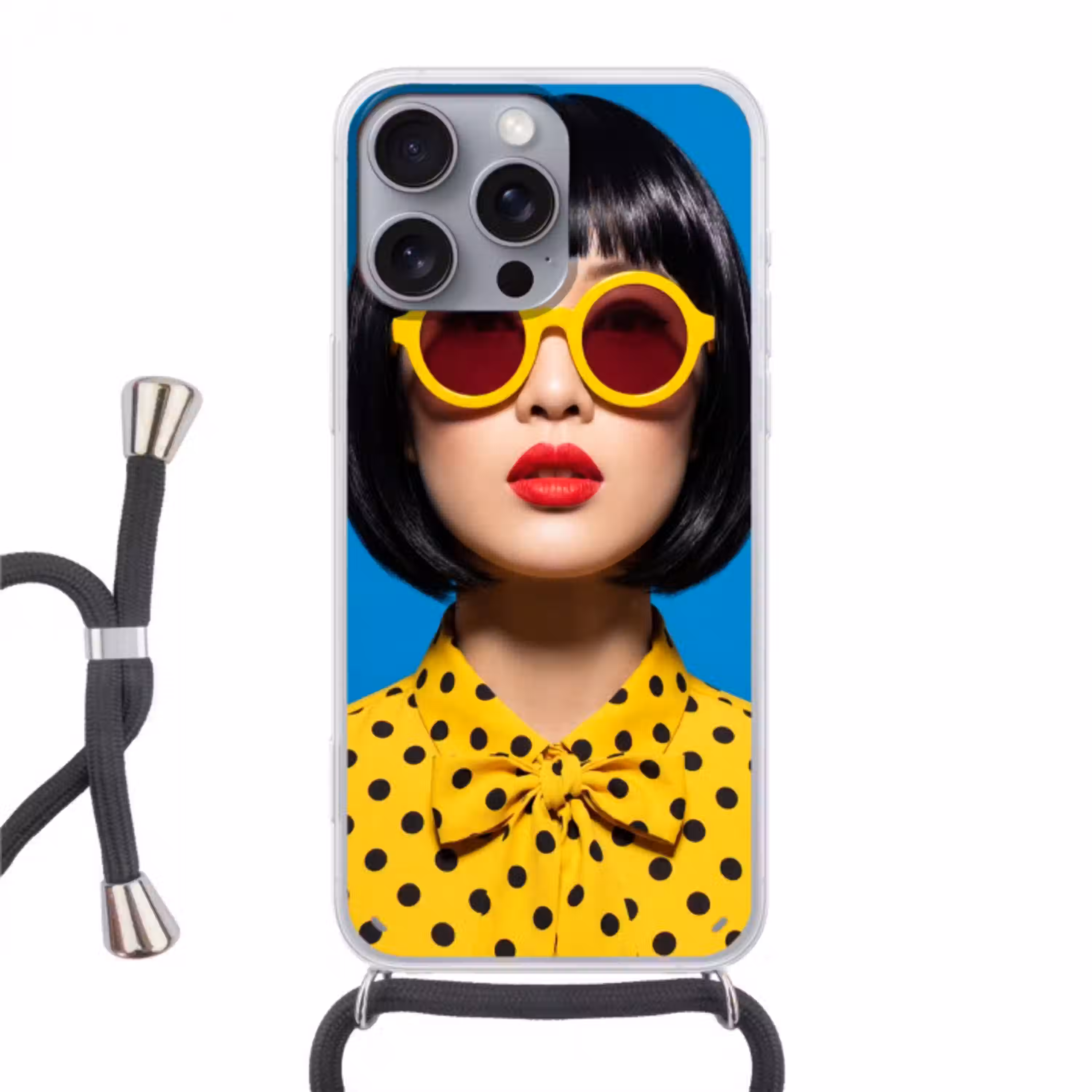 Vrouw - Zonnebril - Pop Art - Portret - Geel Hoesje iPhone 16 Pro Max met koord klein -3d