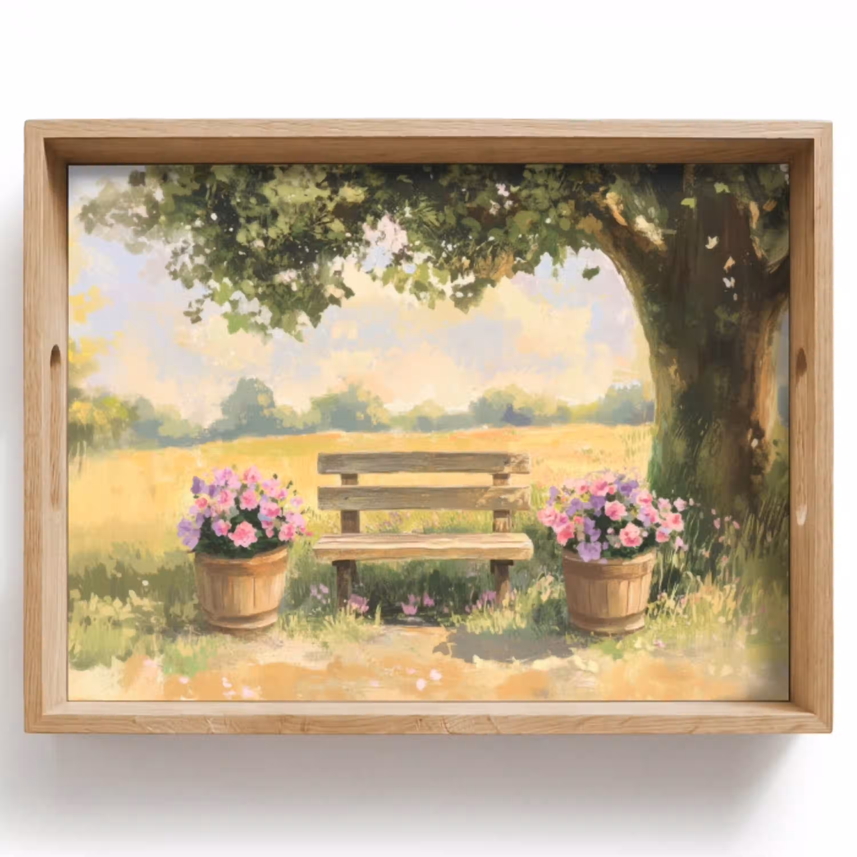 Houten bankje - Bloempotten - Landschap Dienblad Rechthoek middel -z3d_shopping