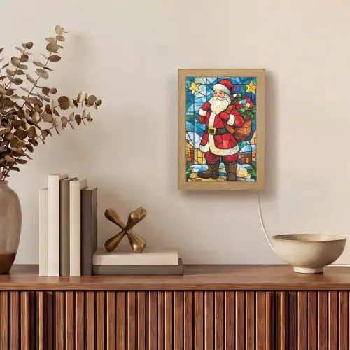 Kerstman - Glas - Kleurrijk Light Box met kabel (Tafellamp) klein -sfeer2