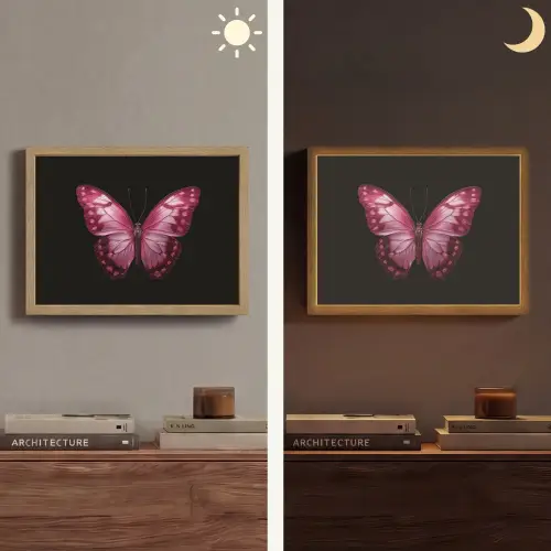 Vlinder - Fuchsia - Grafisch Light Box met batterij (Wandlamp) middel -sfeer3