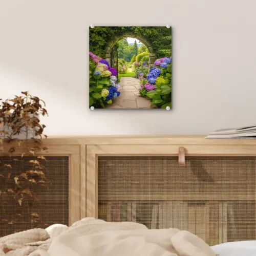 Doorkijk - Poort - Hortensia - Bloementuin plexiglas 5mm klein -sfeer4