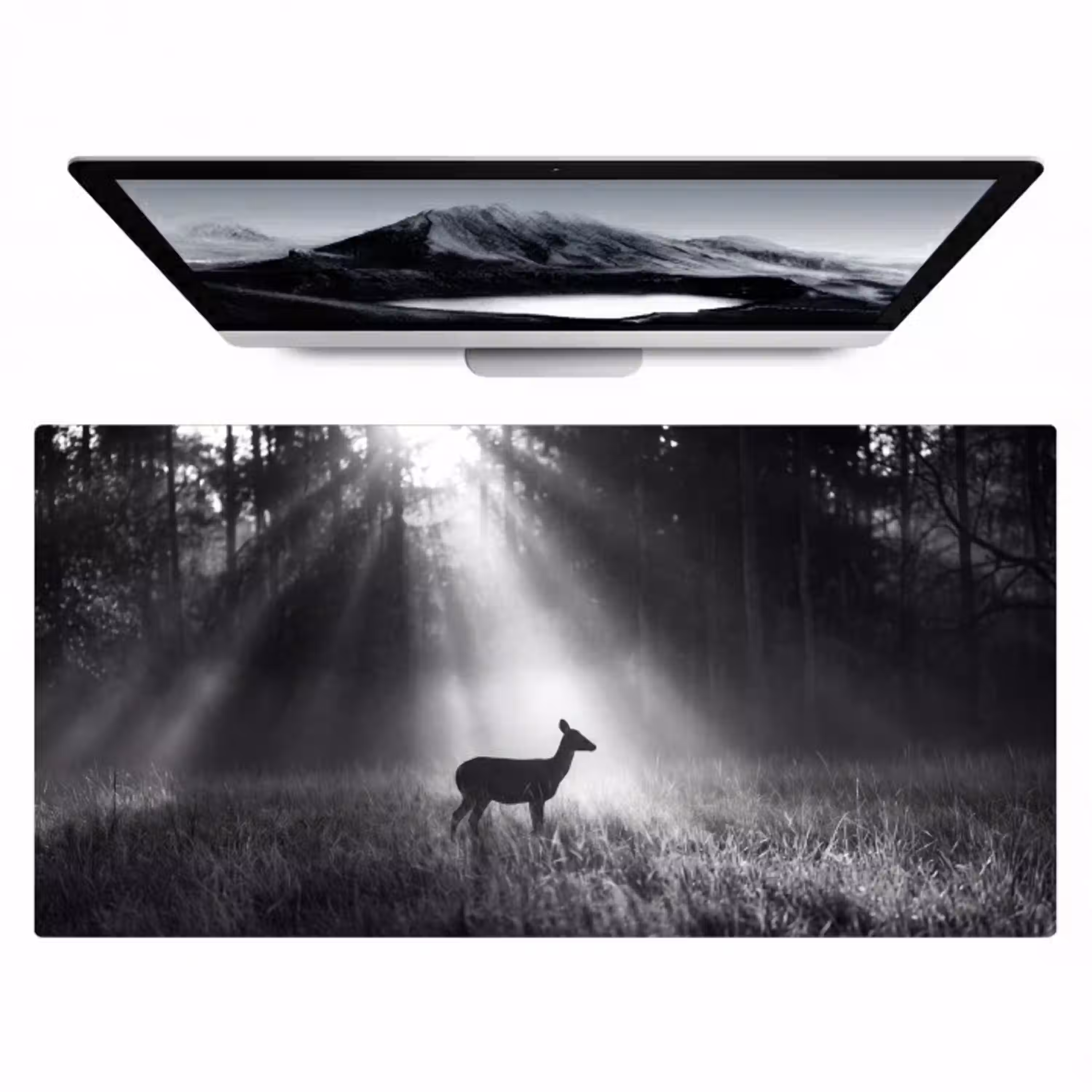 Hert - Bos - Zonnestralen - Zwart-wit - Natuur Muismat XXL klein -zzz3d