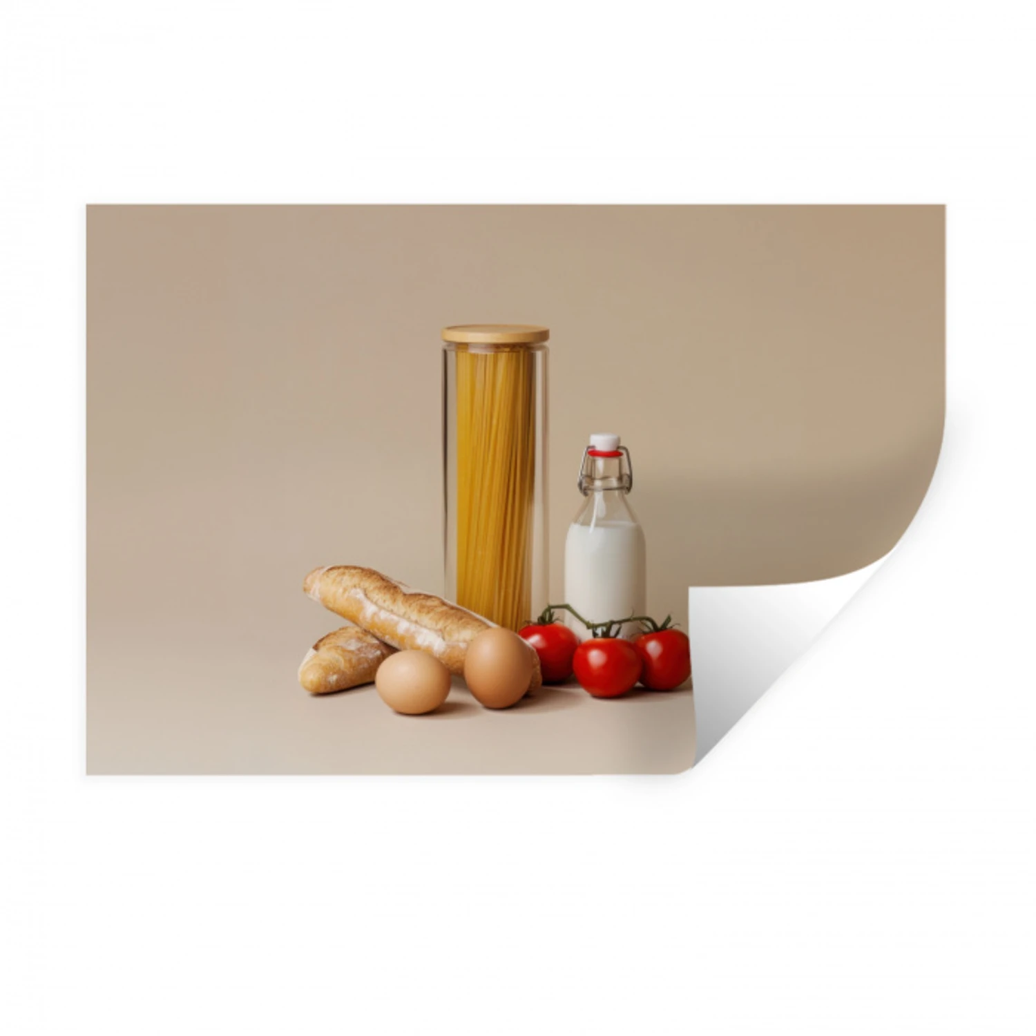 Spaghetti - Melk - Tomaten - Eieren - Brood Muursticker klein -3d