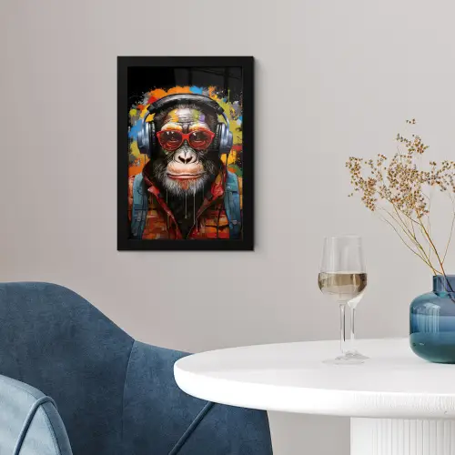 Chimpansee - Aap - dieren - Graffiti - Bril - Koptelefoon - Kleuren fotolijst zwart zonder passe partout klein -sfeer4