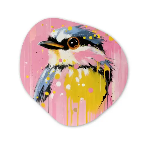 Vogel - Roze - Geel - Blauw Wandcirkel Organisch Plexiglas middel -3d