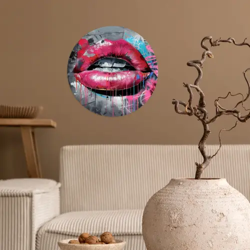 Lippen - Felroze - Graffiti - Verfstrepen Wandcirkel behangsticker klein -sfeer1