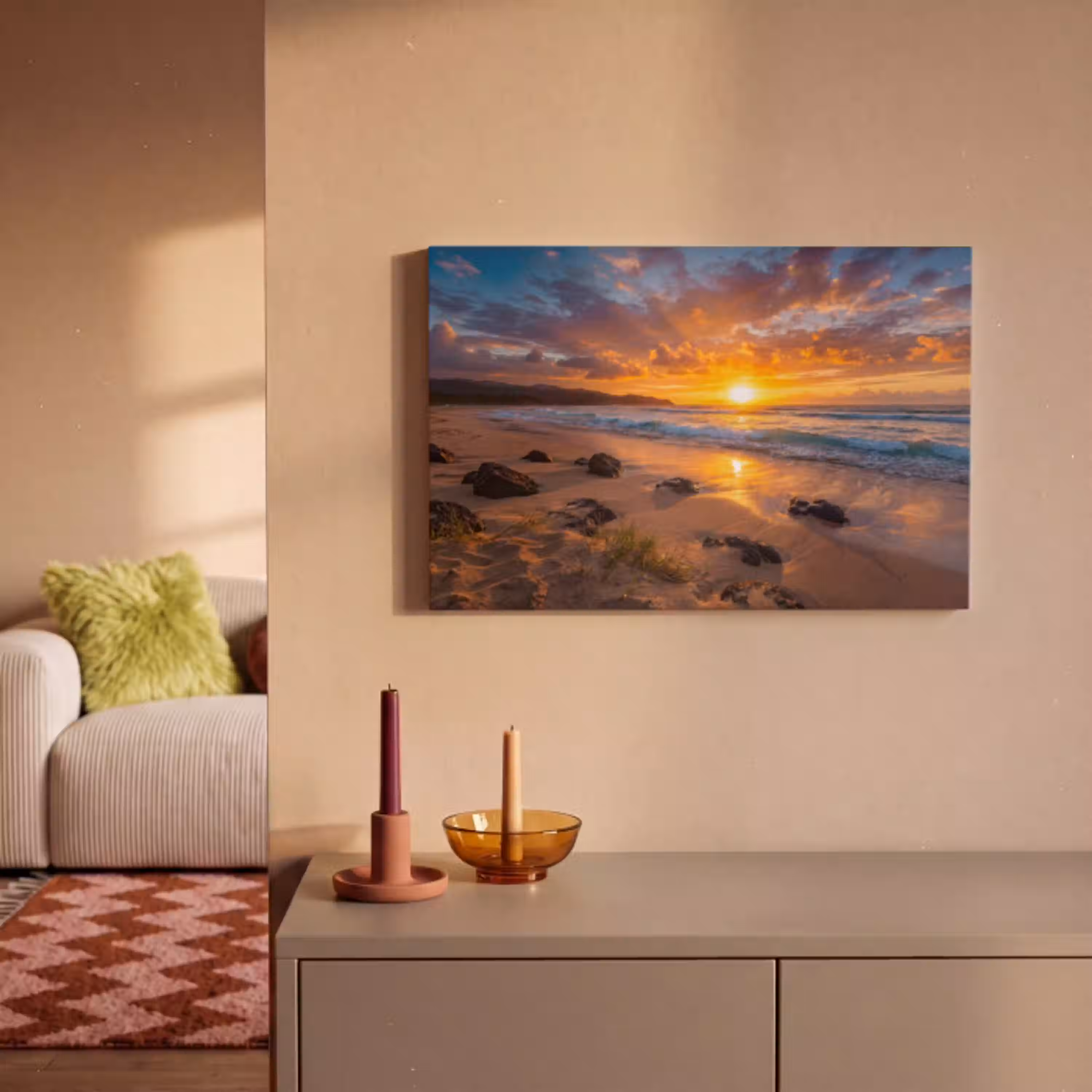 Strand - Zonsondergang - Golven - Natuur - Oranje canvas 2cm klein -sfeer1