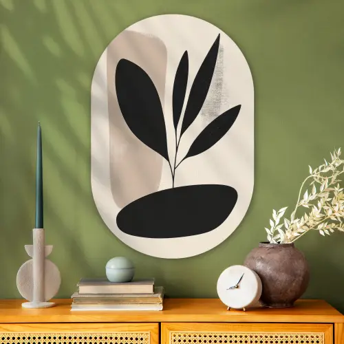 Plant - Beige - Japandi Wandcirkel Ovaal Glas middel -sfeer2