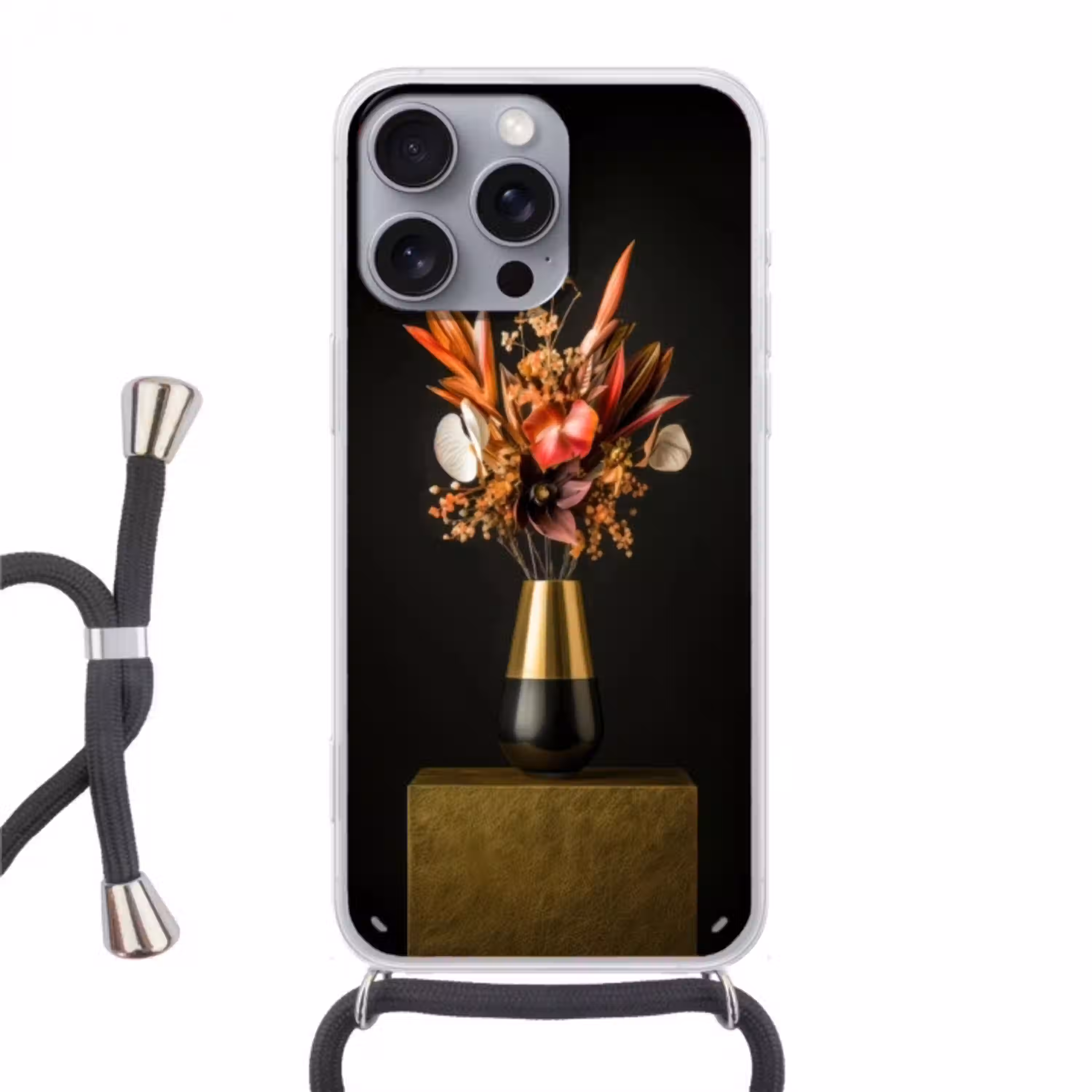 Exotisch - Boeket - Vaas - Goud Hoesje iPhone 16 Pro Max met koord klein -3d