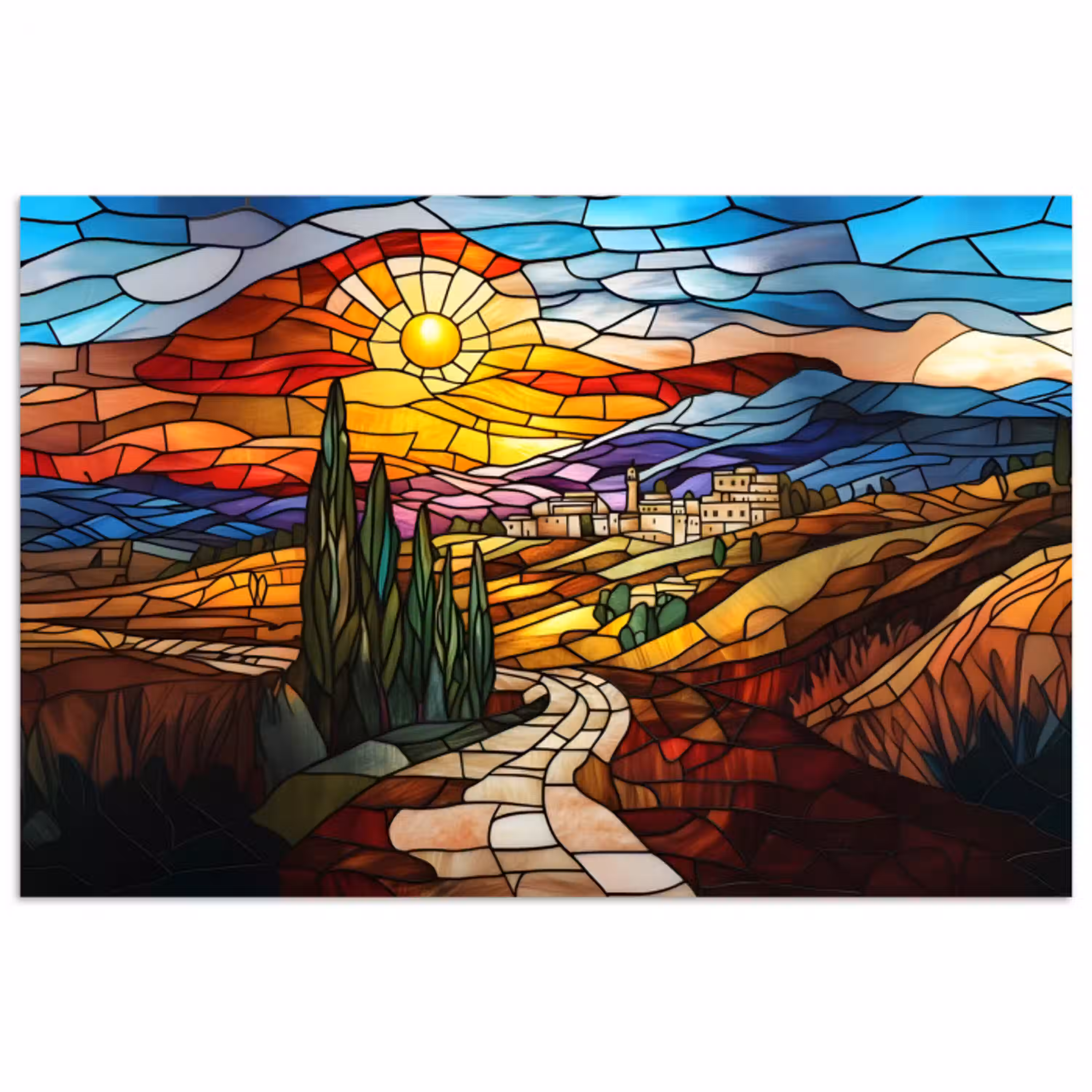 Mozaïek - Zon - Landschap - Dorp poster papier klein -3d
