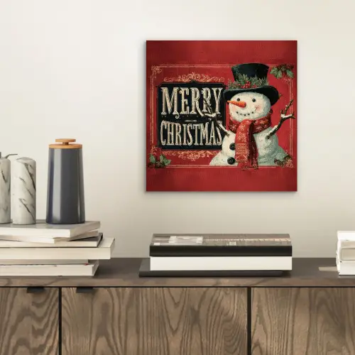 Klassiek - Kerstgroet - Sneeuwpop - Rood aluminium wit klein -sfeer1