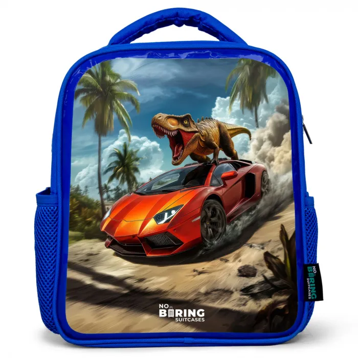 Rode sportauto met dino raast door tropisch strand Kinderrugzak - Blauw middel -3d