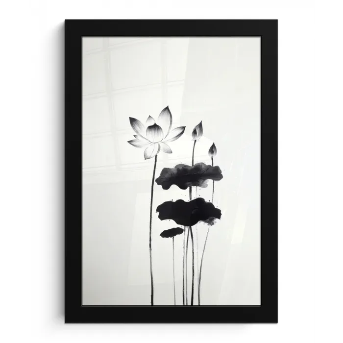 Bladeren - Zwart - Lotusbloem - Minimalitisch fotolijst zwart zonder passe partout klein -3d