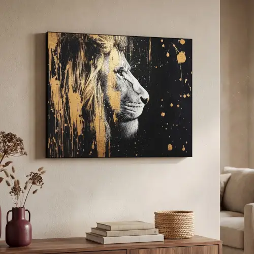 Portret - Leeuw - Abstract - Goud Textielframe - compleet frame klein -sfeer3