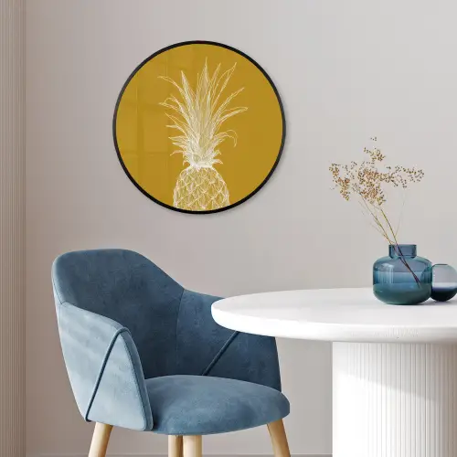 Lijnillustratie - Ananas - Bladkroon - Okergeel Fotolijst rond zonder passe partout klein -sfeer2